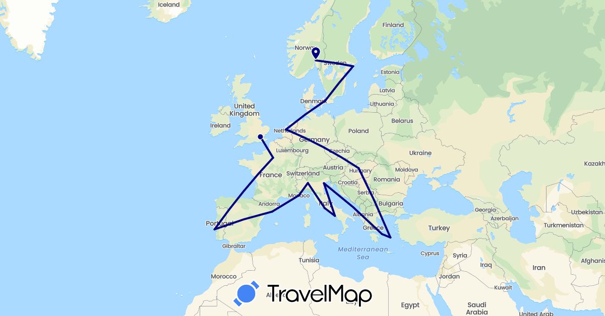TravelMap itinerary: driving in Denmark, Spain, France, United Kingdom, Greece, Hungary, Italy, Monaco, Netherlands, Norway, Portugal, Sweden (Europe)